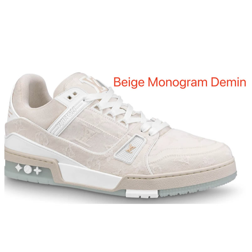 New L V Trainer Sneaker Shoes Beige Monogram Demin (1) - newkick.org
