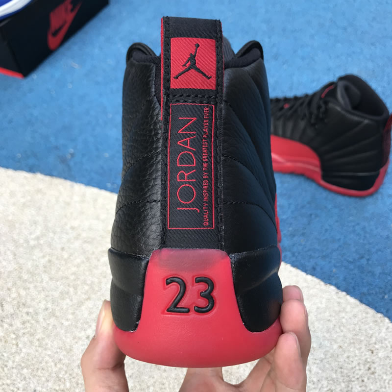 Air Jordan 12 Retro Flu Game Red And Black 12s For Sale In-Hand Heel