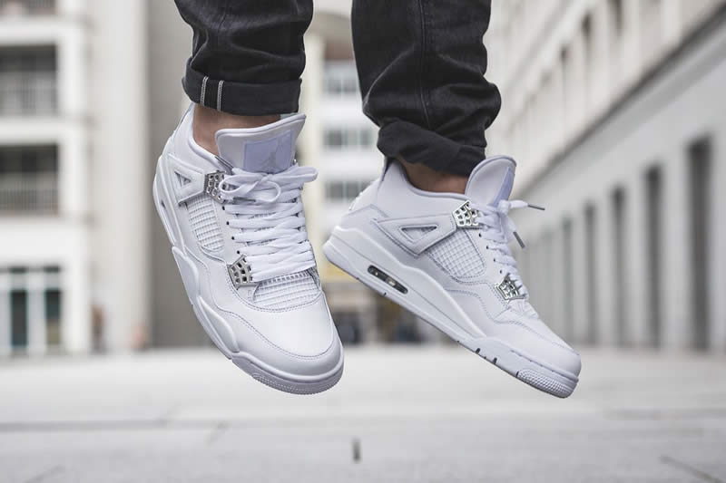 air jordan 4 all white silver pure money mens gs for sale on feet image
