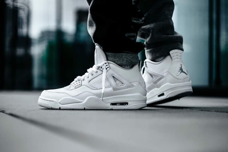 air jordan 4 all white silver pure money mens gs for sale on feet image