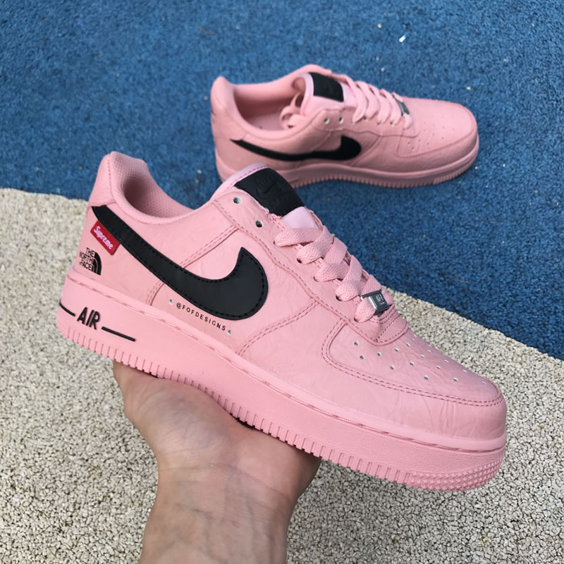 Supreme The North Face Nike Air Force 1 Sup AF1 Low "Pink Black" AR3066-800 In Hand Lateral