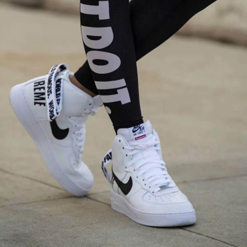 supremee® x nike air force 1 high sp world famous 94 white black 698696-100 on feet