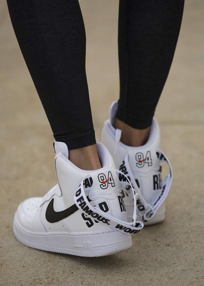supremee® x nike air force 1 high sp world famous 94 white black 698696-100 on feet