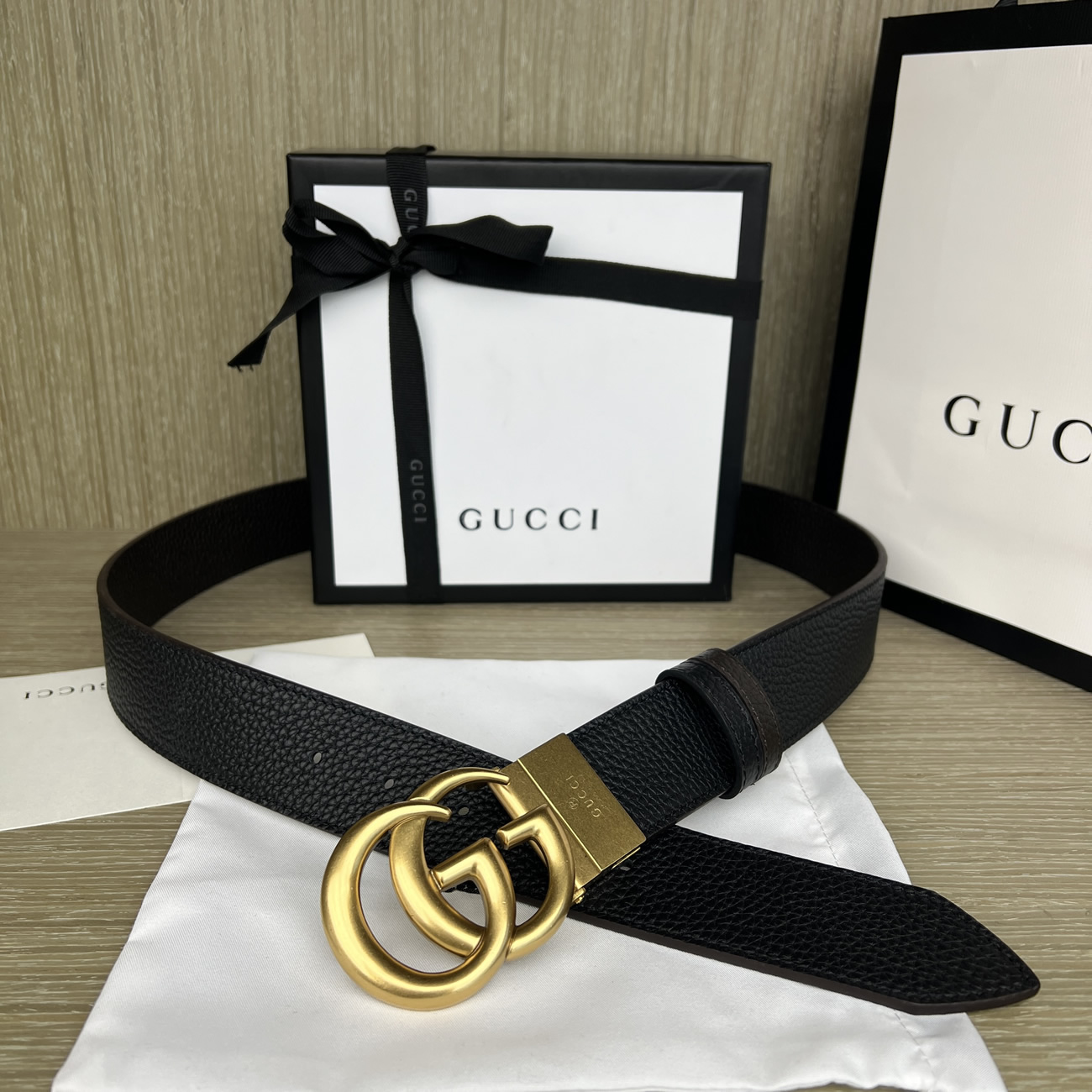 Gucci Double G Logo Full Grain Reversible Belt Leather Black Brown (10) - newkick.org