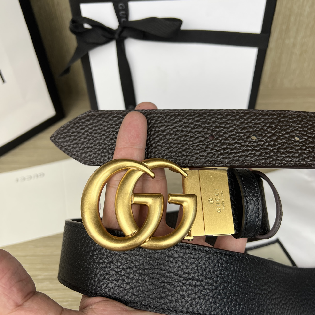 Gucci Double G Logo Full Grain Reversible Belt Leather Black Brown (3) - newkick.org