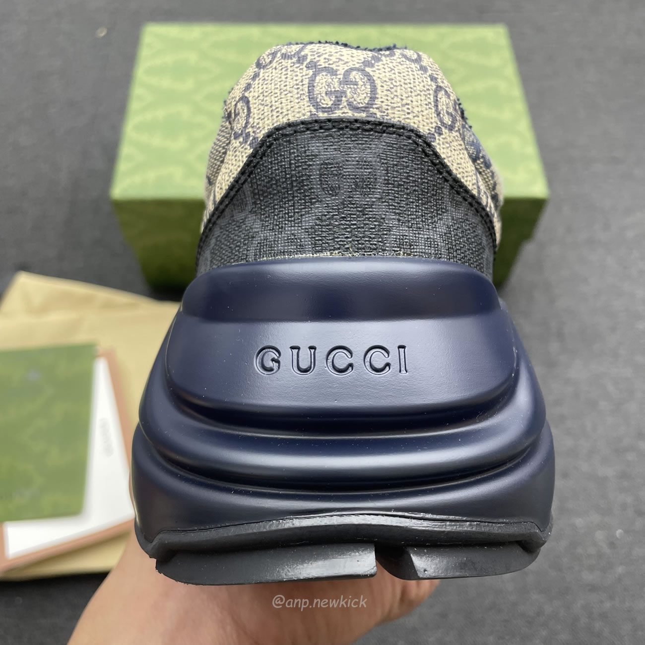 Gucci Blue Rhyton Gg Print Leather And Canvas Sneakers (3) - newkick.org