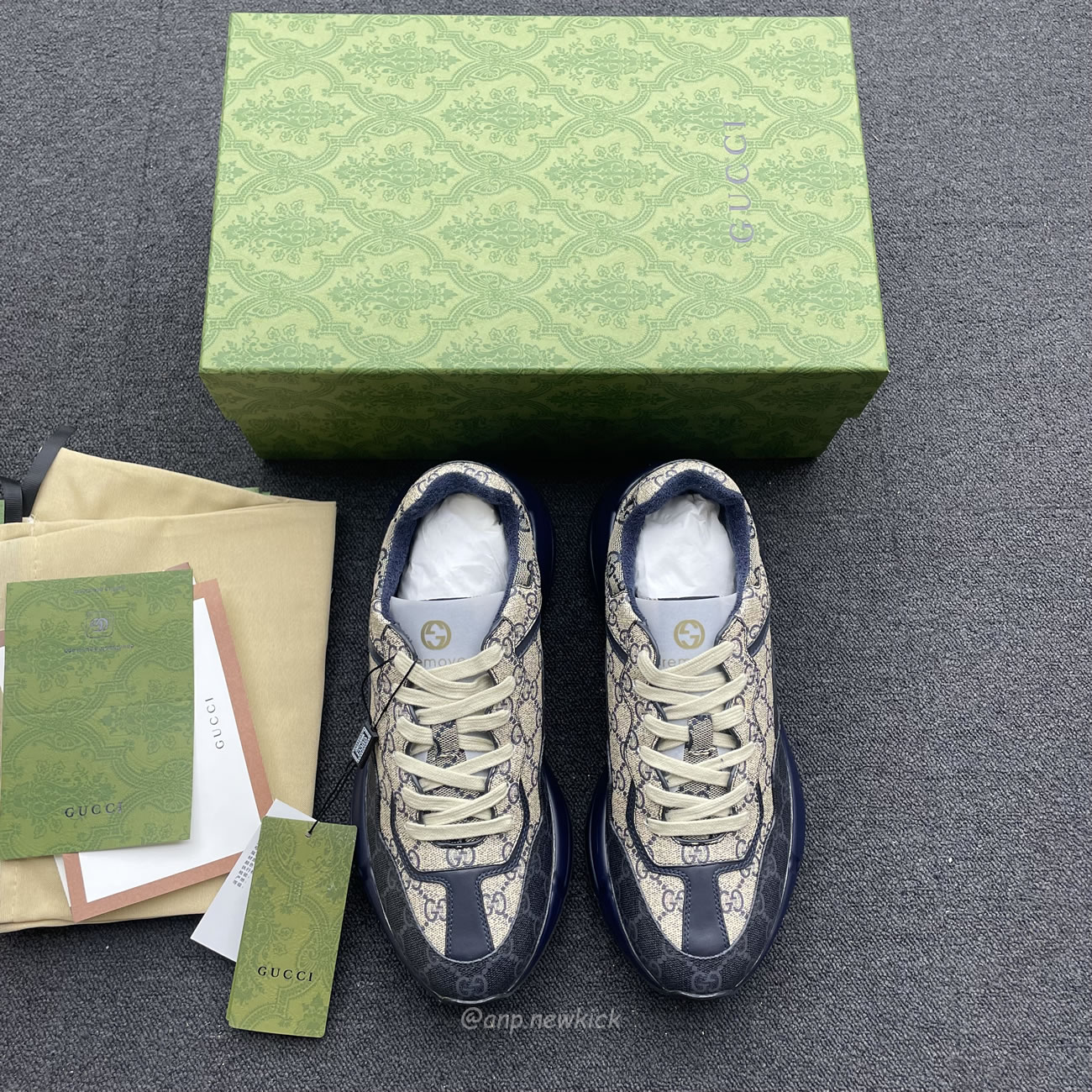 Gucci Blue Rhyton Gg Print Leather And Canvas Sneakers (6) - newkick.org