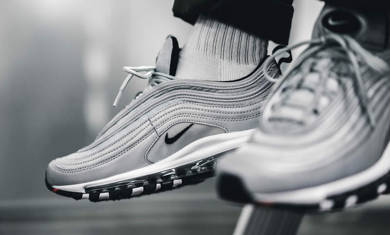 Air Max 97 Premium Reflective Silver Black Bullet Shoes On Feet 312834-007