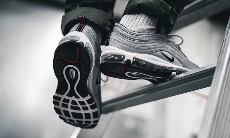 Air Max 97 Premium Reflective Silver Black Bullet Shoes On Feet 312834-007